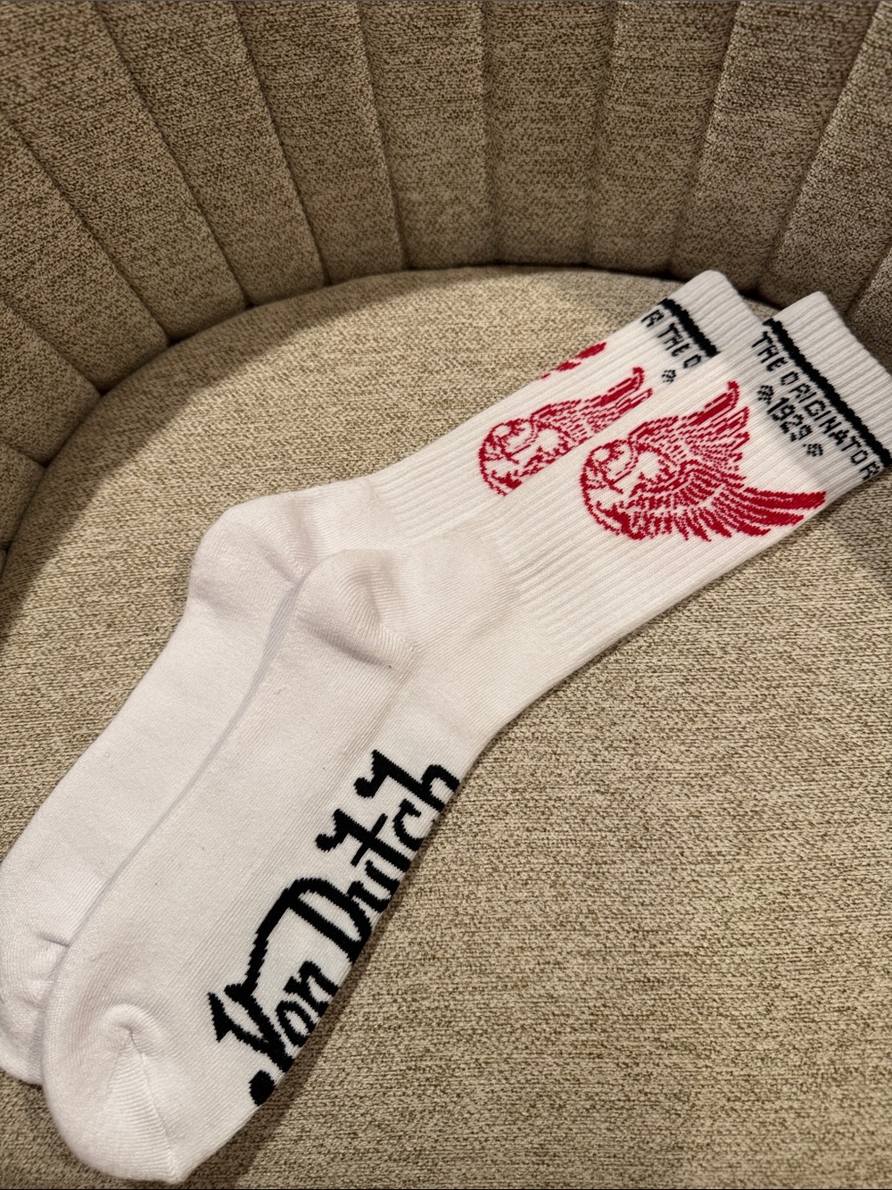 New Von Dutch White Crew Socks with Red Wing Graphic